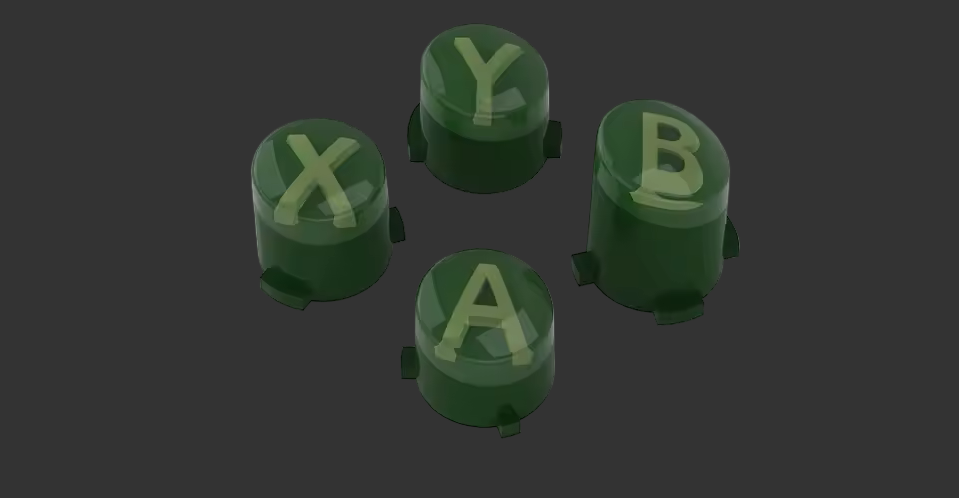 Four green buttons labeled 'A', 'B', 'X', and 'Y' on a white background