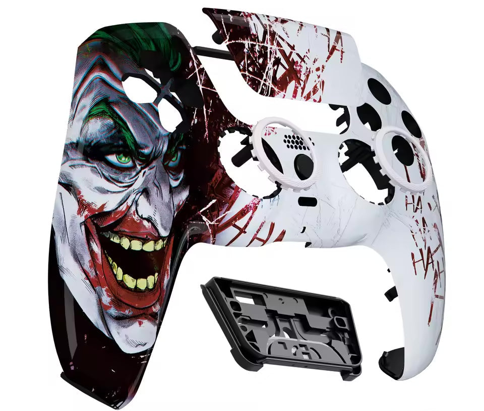 Customizable gaming controller shell with Joker design and accessories on a white background