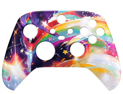 Colorful galaxy-patterned desk pad with tools on a white background