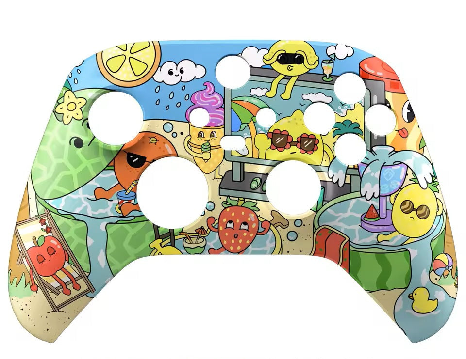 Colorful gaming controller faceplate with cartoon characters and tools on a white background