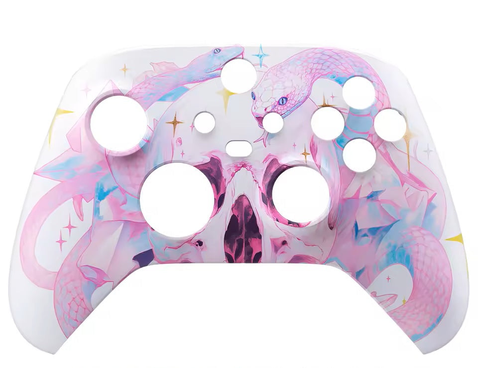 Pink and white gaming controller faceplate with tools on a white background